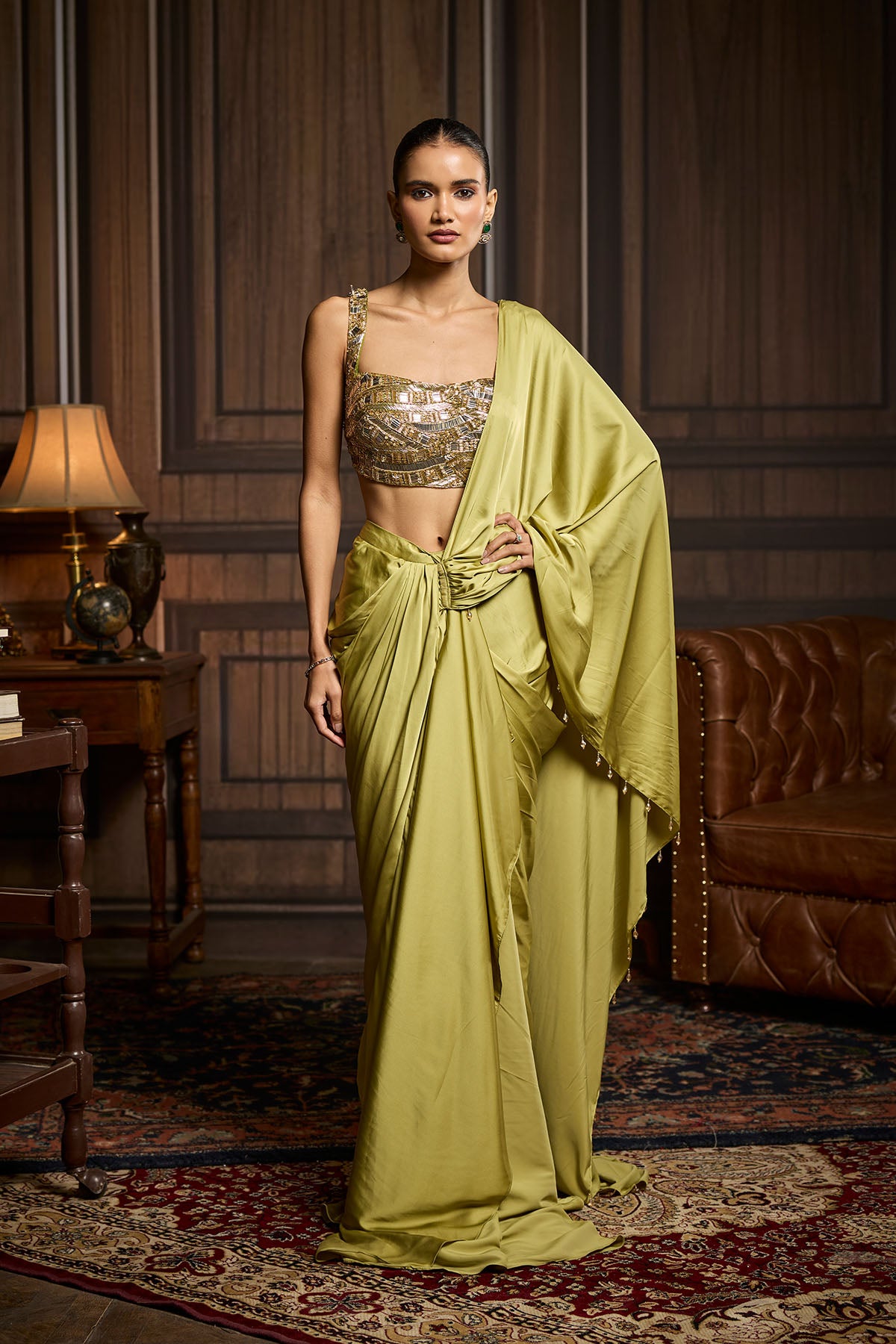 Pear Green Embroidered Blouse And Pre Draped Saree Set