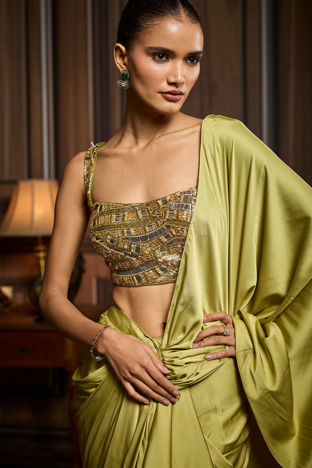 Pear Green Embroidered Blouse And Pre Draped Saree Set