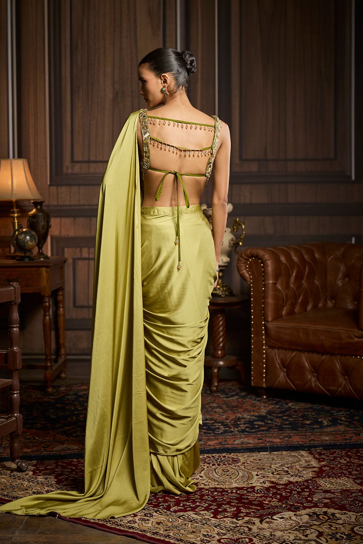 Pear Green Embroidered Blouse And Pre Draped Saree Set