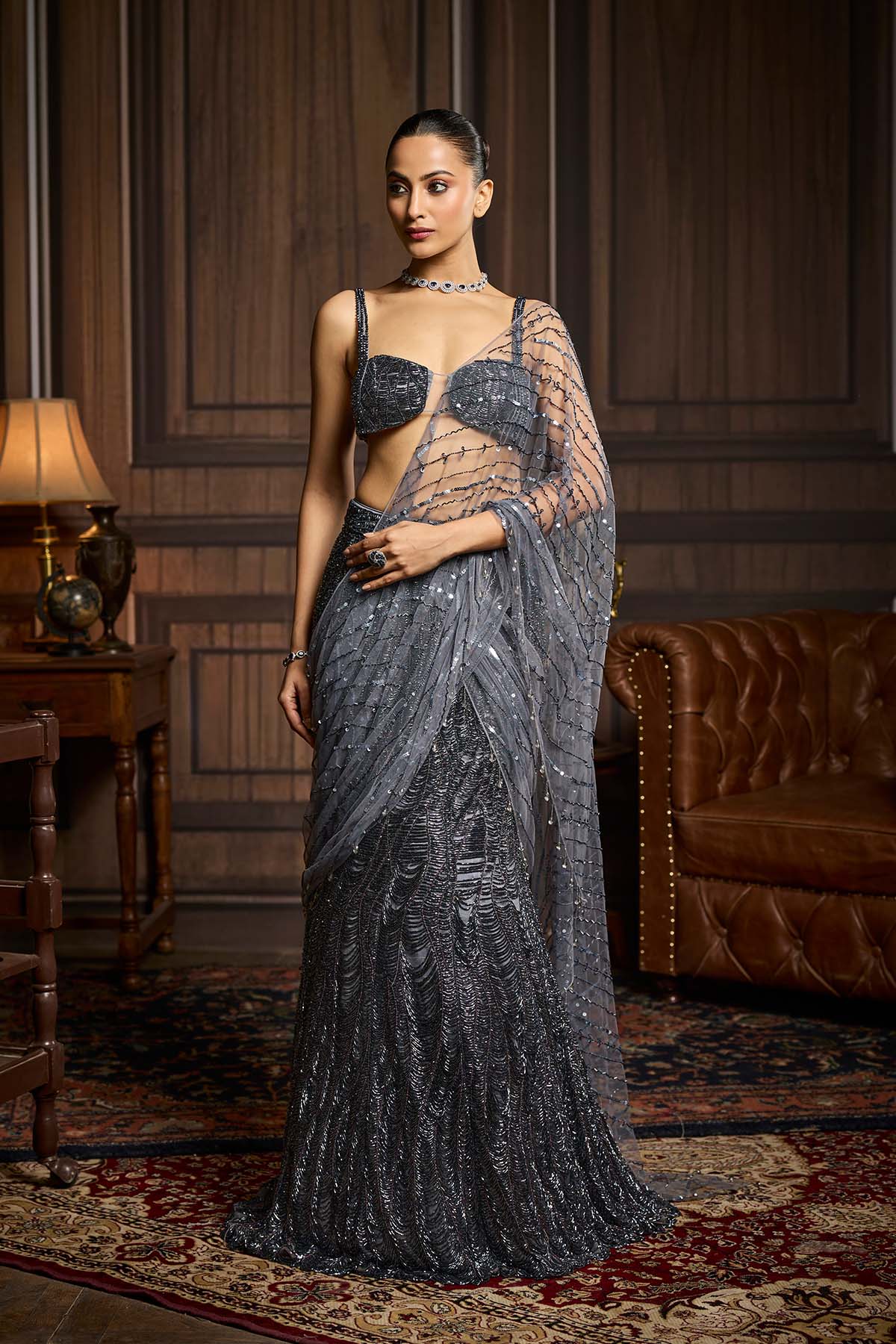 Gunmetal Embellished Pre-Draped Skirt Saree Set