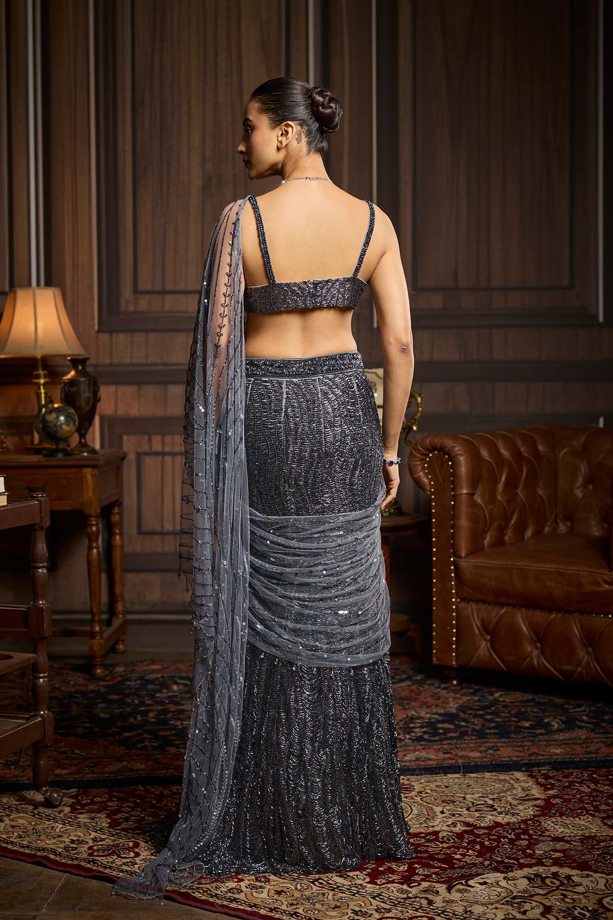 Gunmetal Embellished Pre-Draped Skirt Saree Set