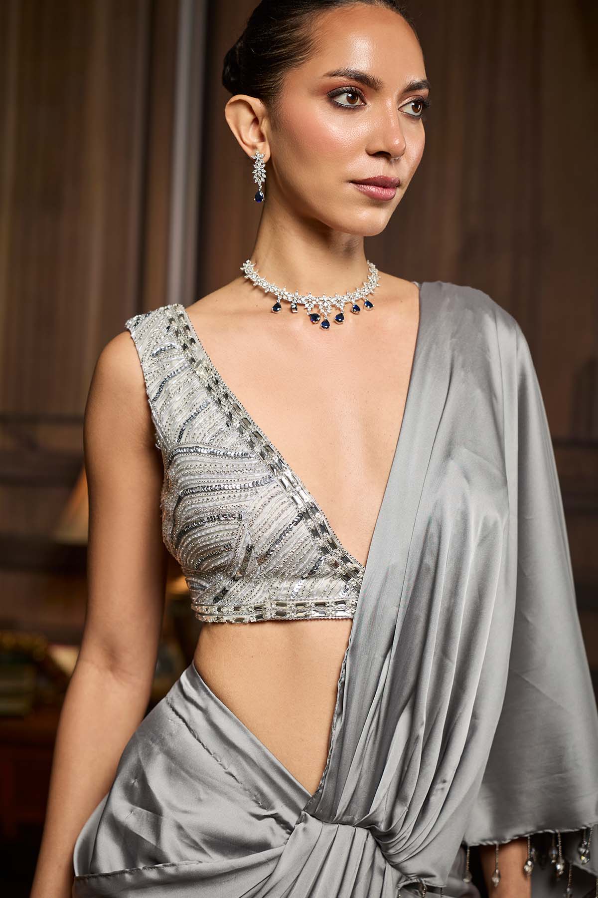 Silver Embellished Blouse And Pre-Draped Saree Set