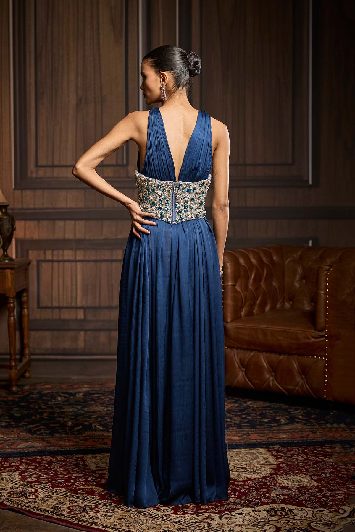 Heavy Embellished Corset Belt Styled With Midnight Blue Slit Dress