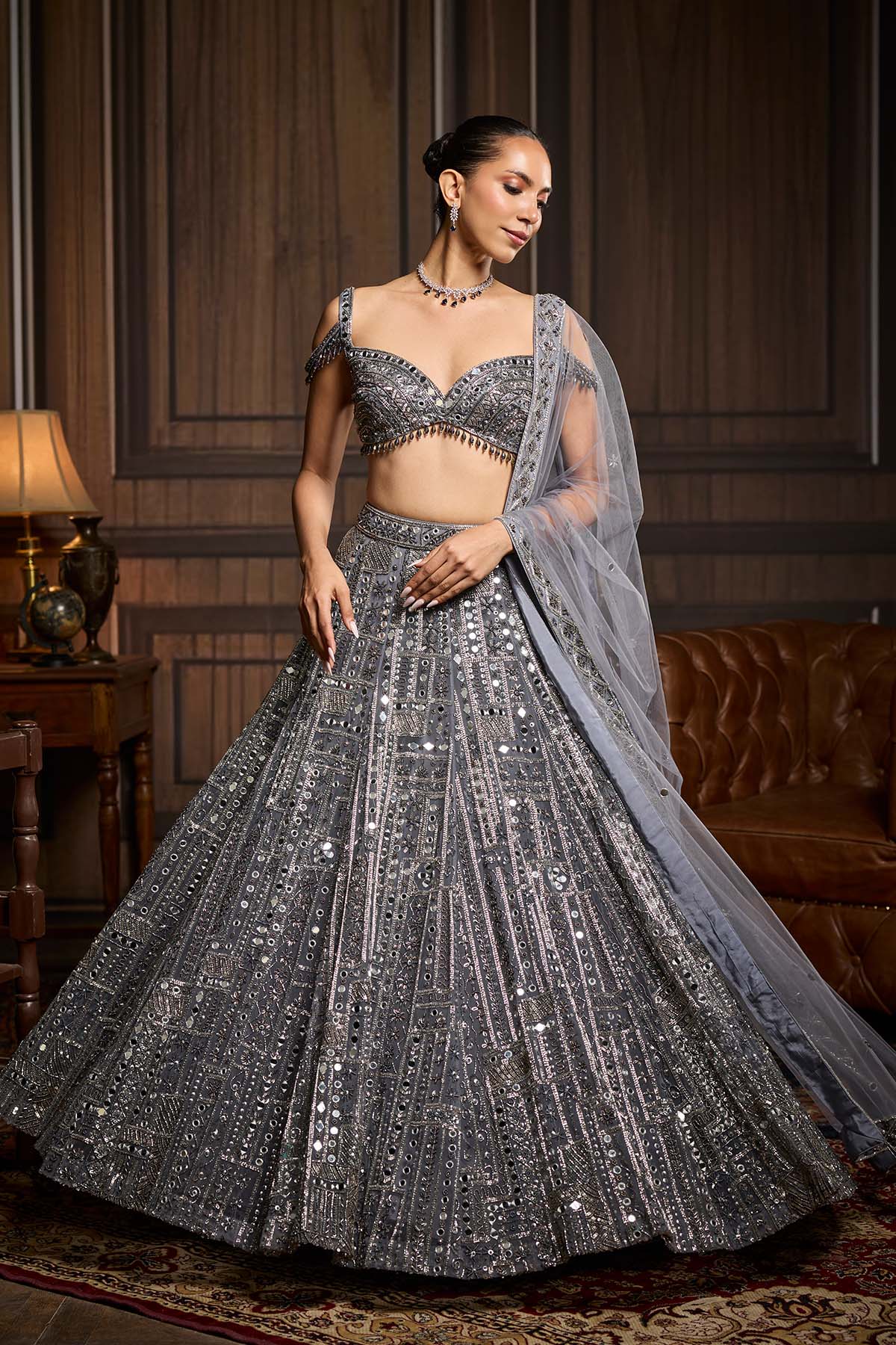 Gunmetal Embellished Mirrorwork Lehenga Set