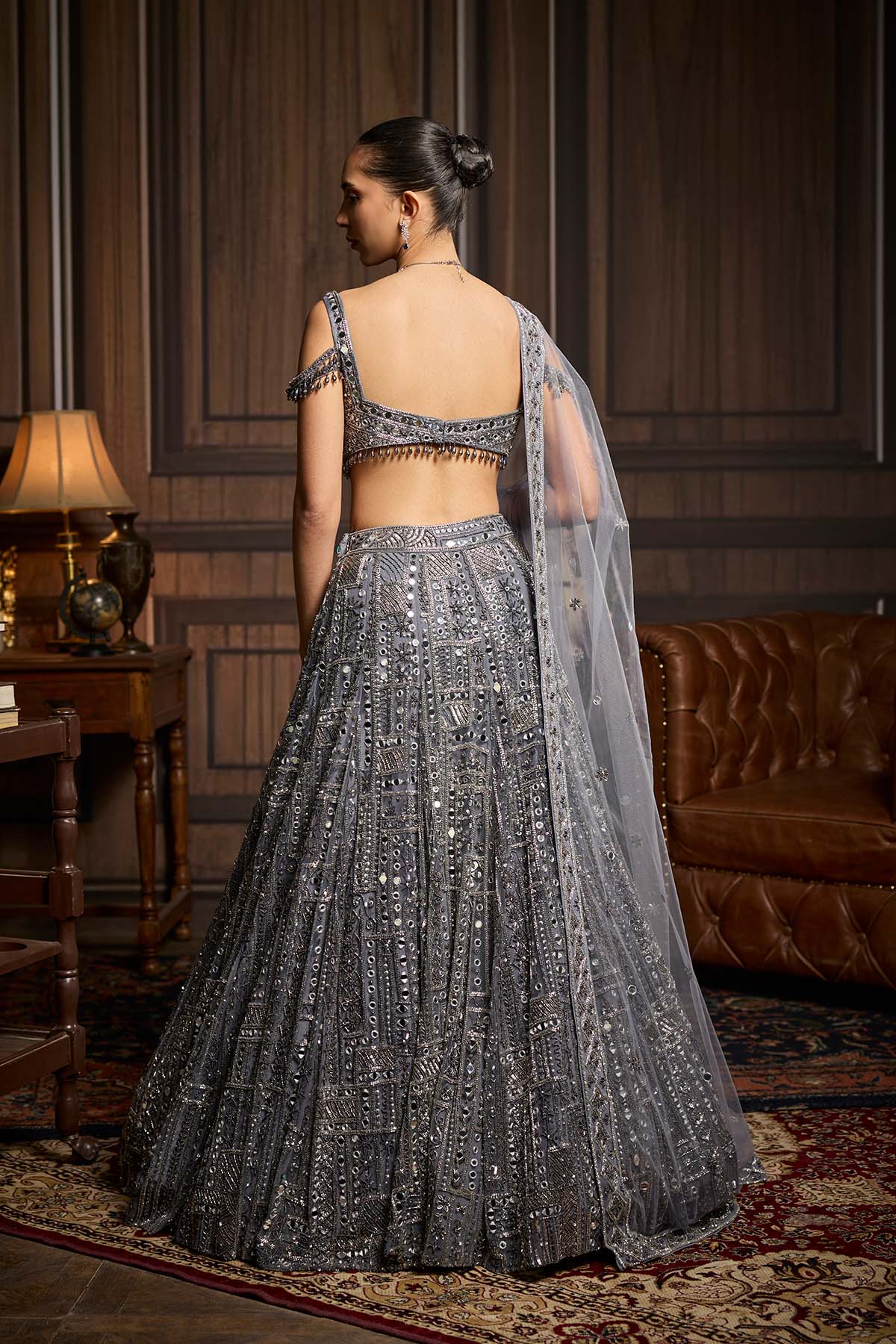 Gunmetal Embellished Mirrorwork Lehenga Set