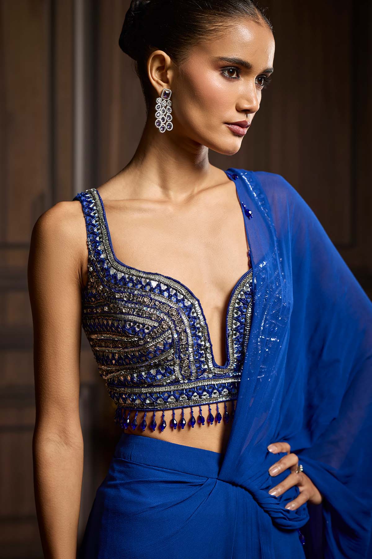 Electric Blue Embellished Blouse And Pre-Draped Skirt Saree Set