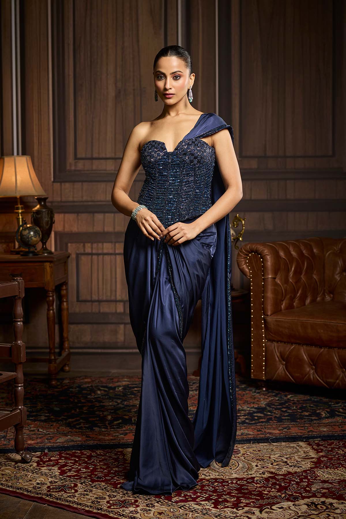Midnight Blue Embellished Corset And Solid Draped Dhoti Saree Set
