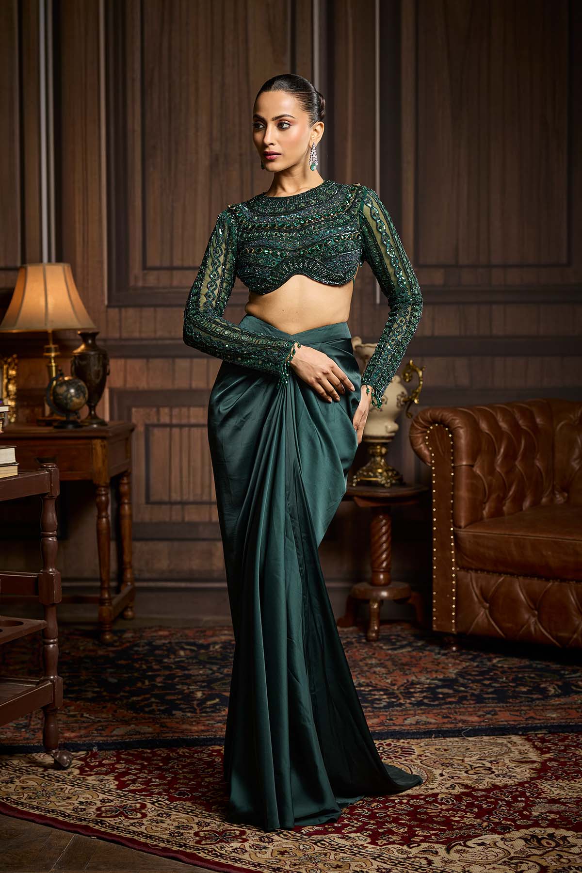 Emerald Green Embroidered Blouse And Draped Skirt Set