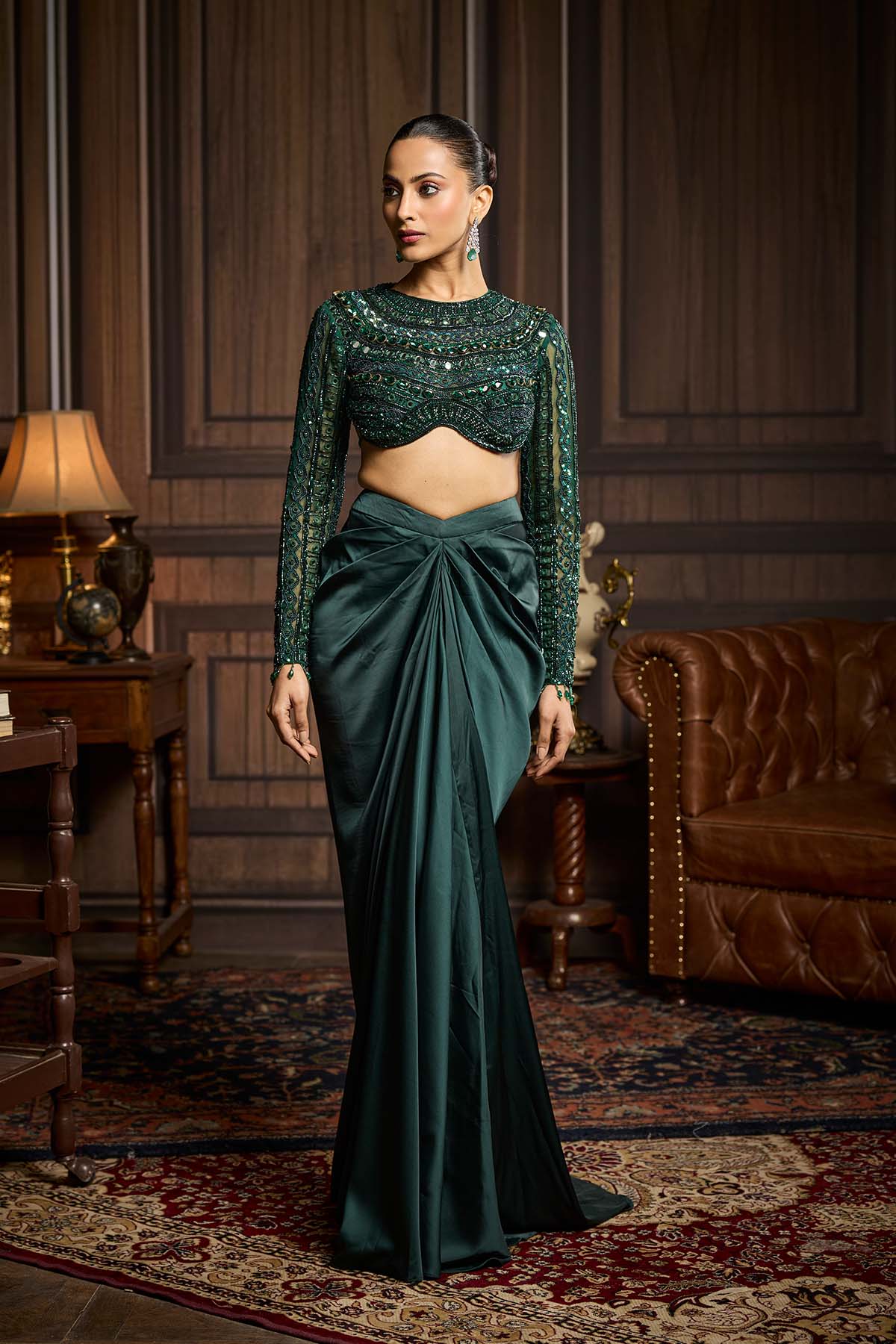 Emerald Green Embroidered Blouse And Draped Skirt Set