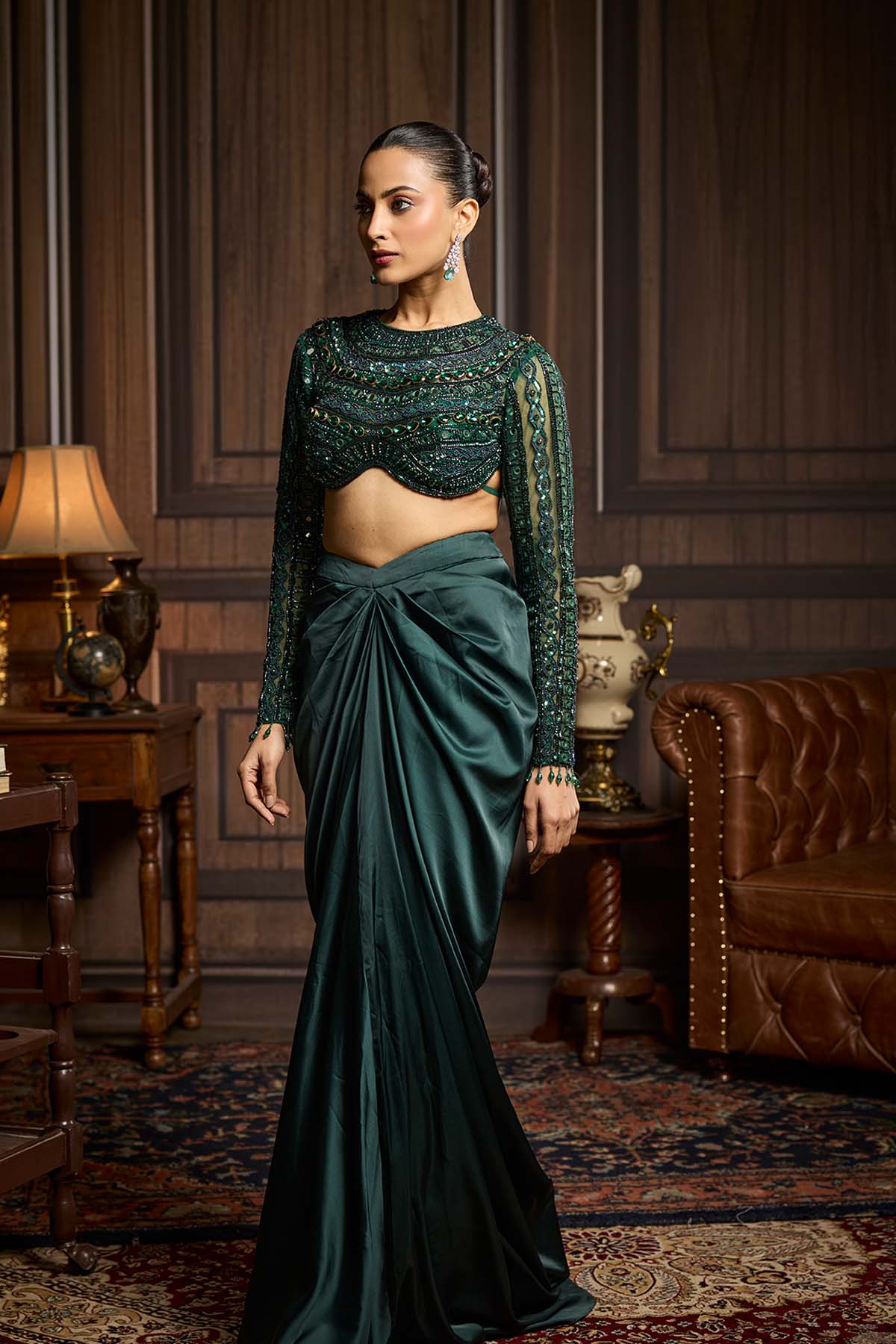 Emerald Green Embroidered Blouse And Draped Skirt Set