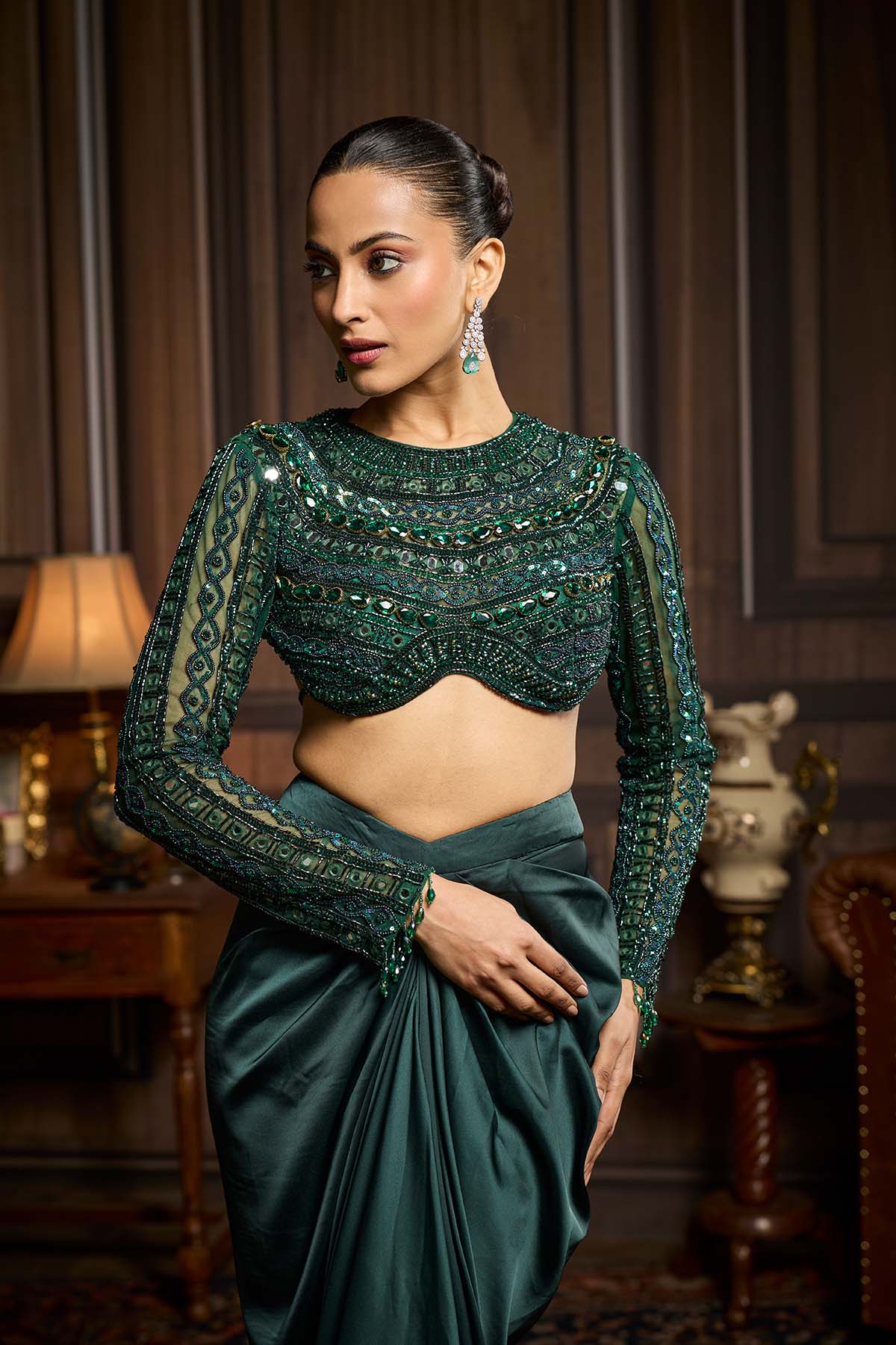 Emerald Green Embroidered Blouse And Draped Skirt Set