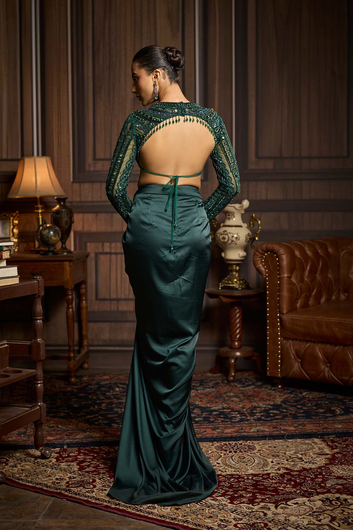 Emerald Green Embroidered Blouse And Draped Skirt Set