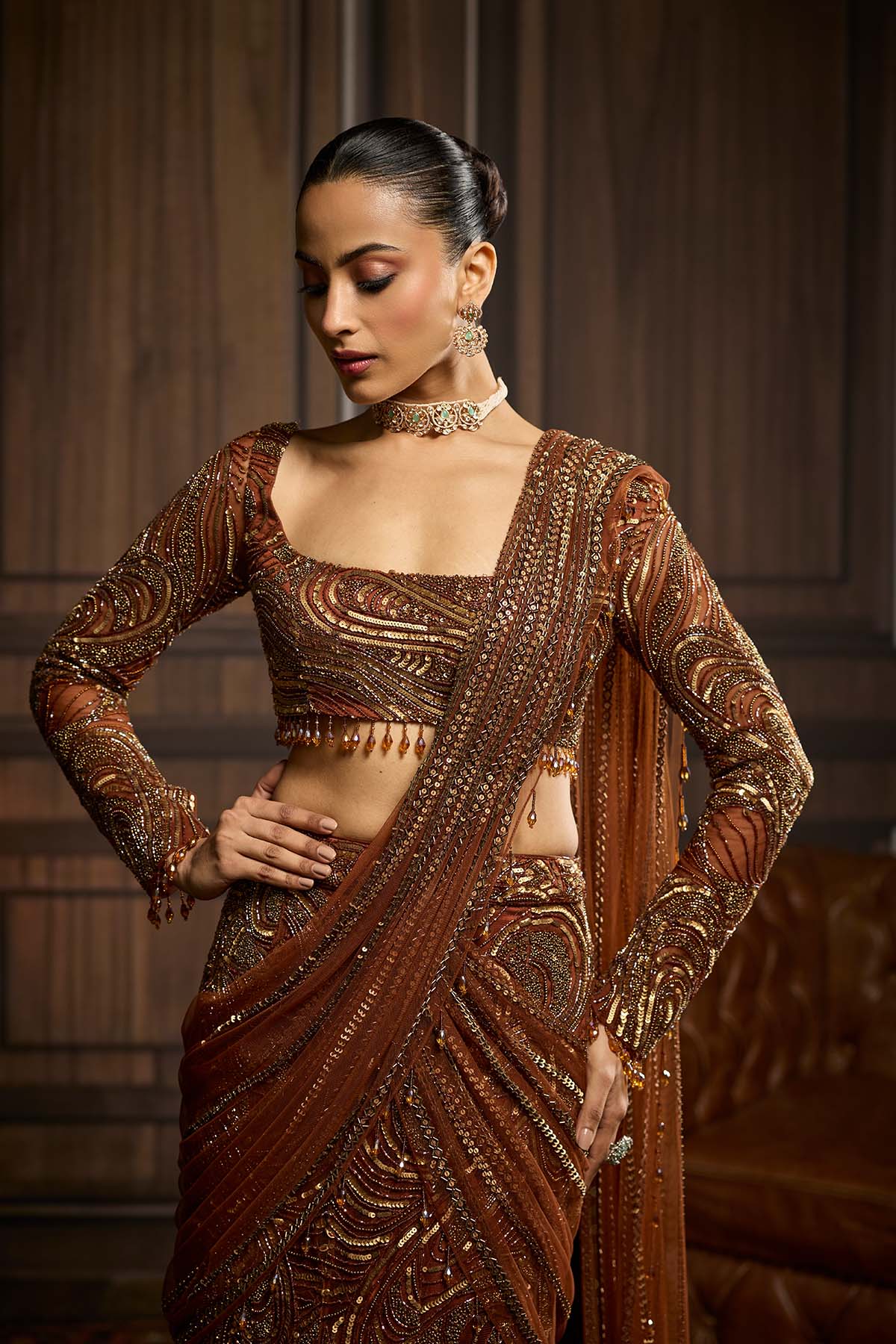 Metallic Gold Embellished Skirt Saree Set