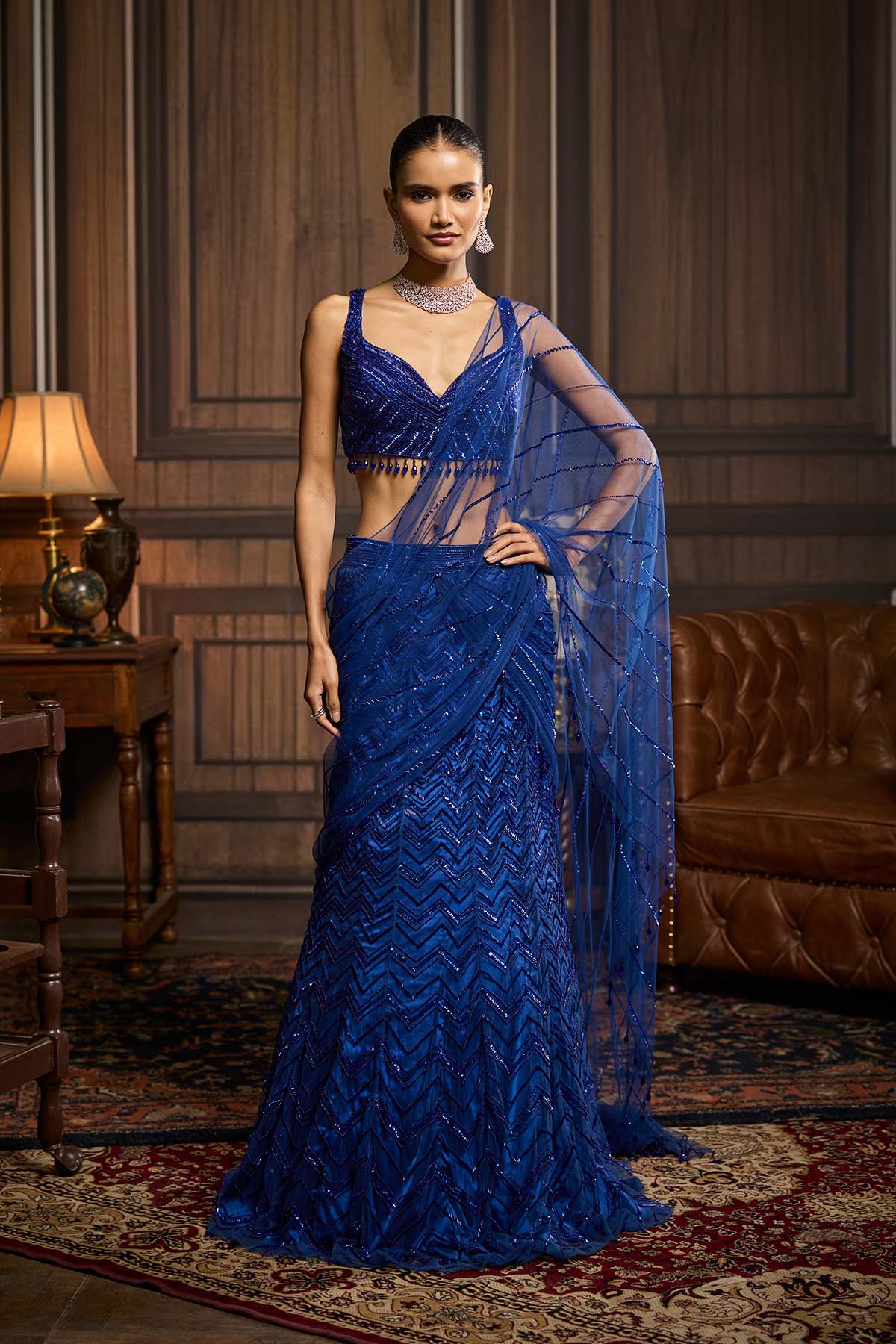 Electric Blue Embellished Pre-Draped Skirt Saree Set