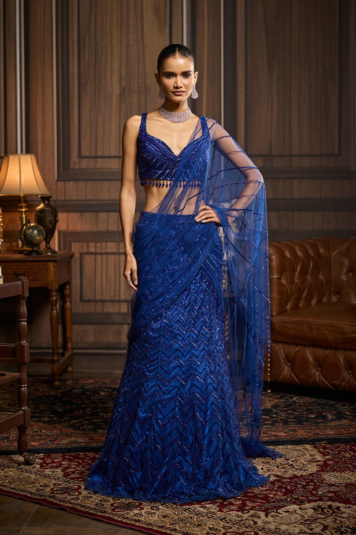 blue hoodie dress Electric Blue Embellished Pre-Draped Skirt Saree Set