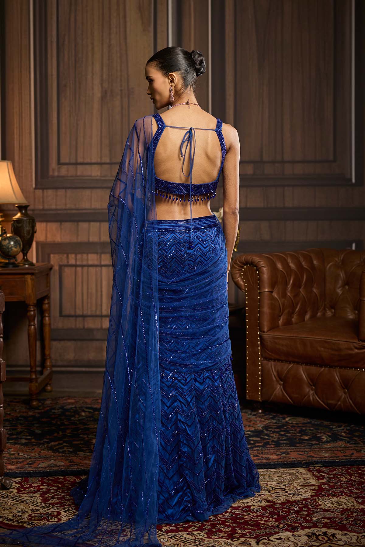 Electric Blue Embellished Pre-Draped Skirt Saree Set