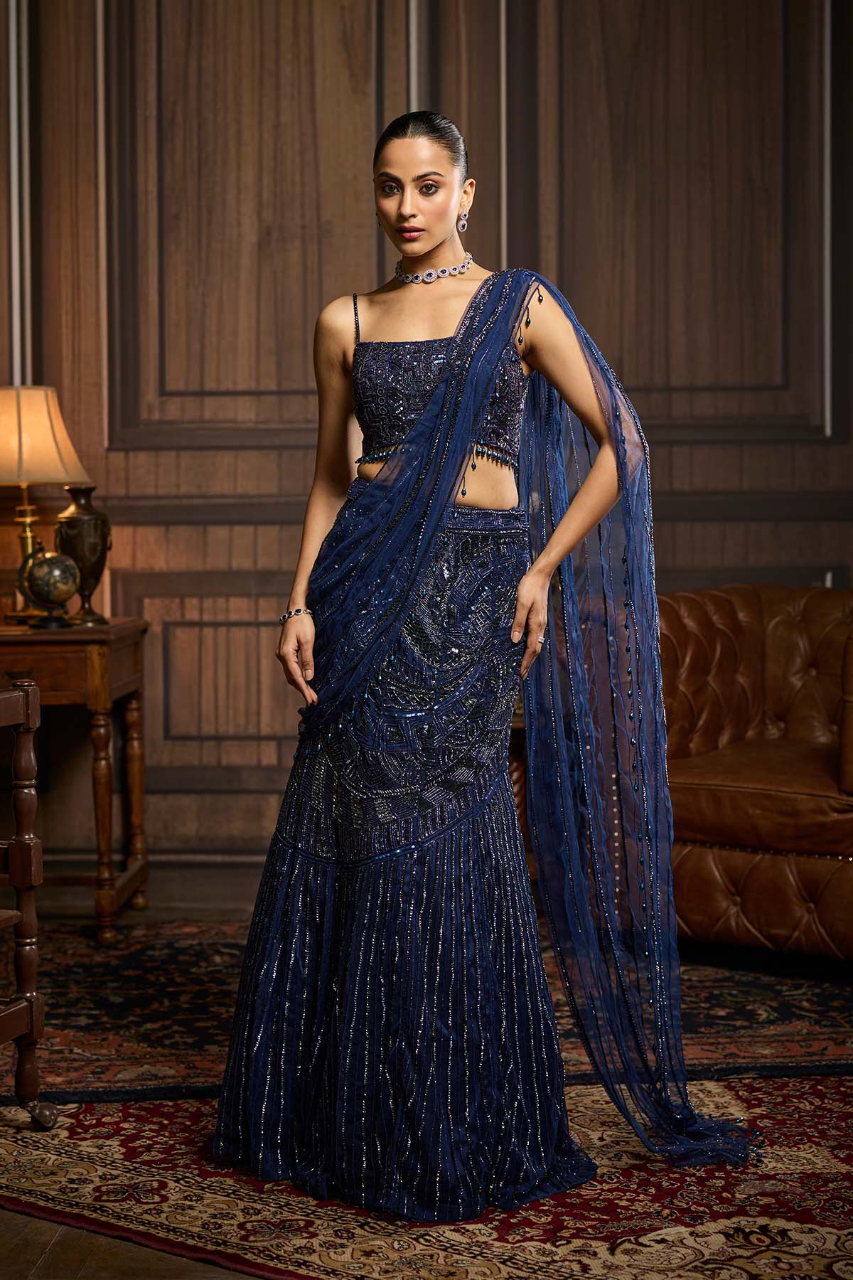 Midnight Blue Embellished Pre-Drapedskirt Saree Set