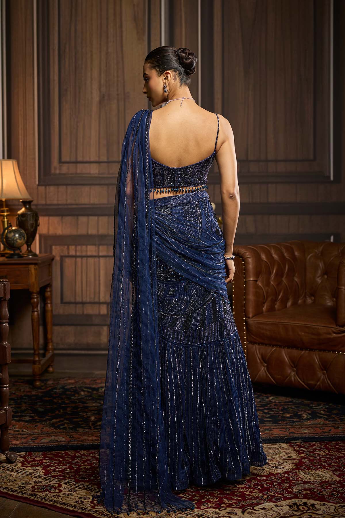Midnight Blue Embellished Pre-Drapedskirt Saree Set