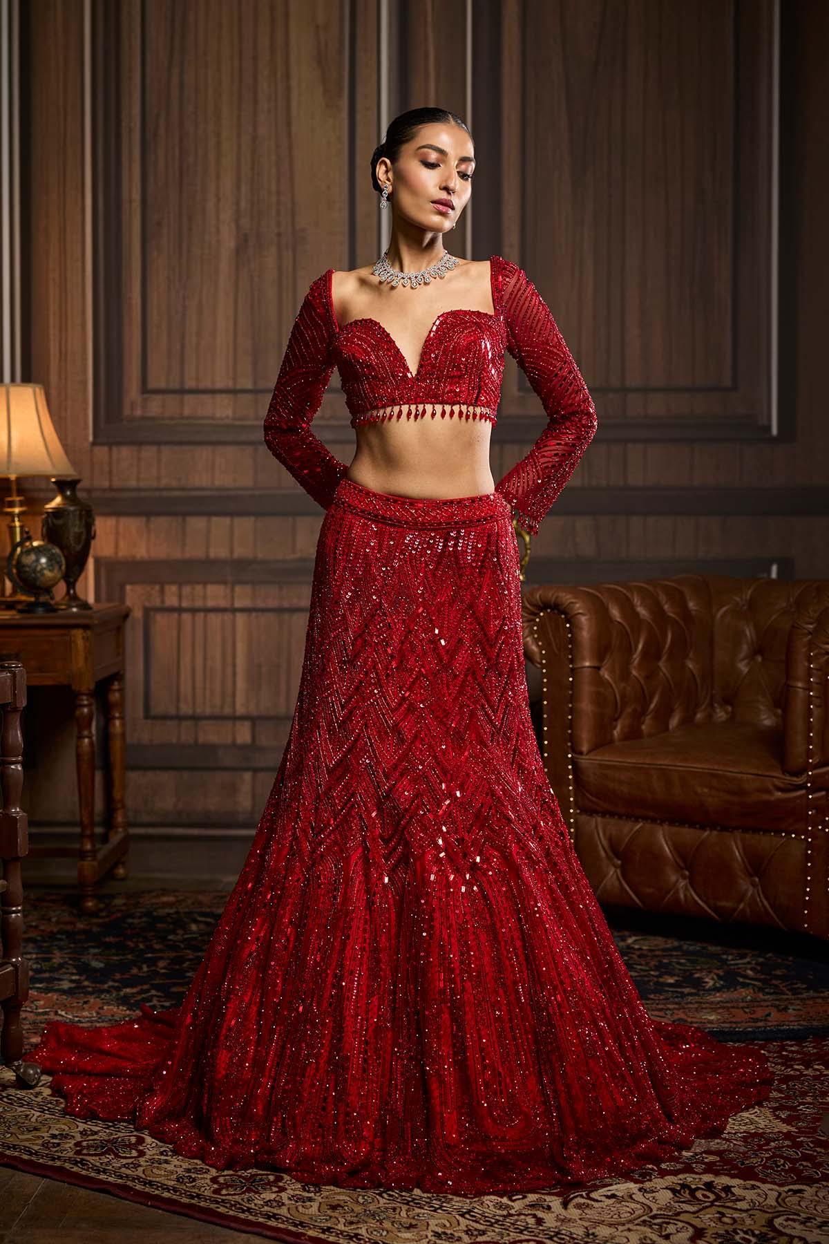 Vermellion Red Embroidered Mermaid Skirt Set