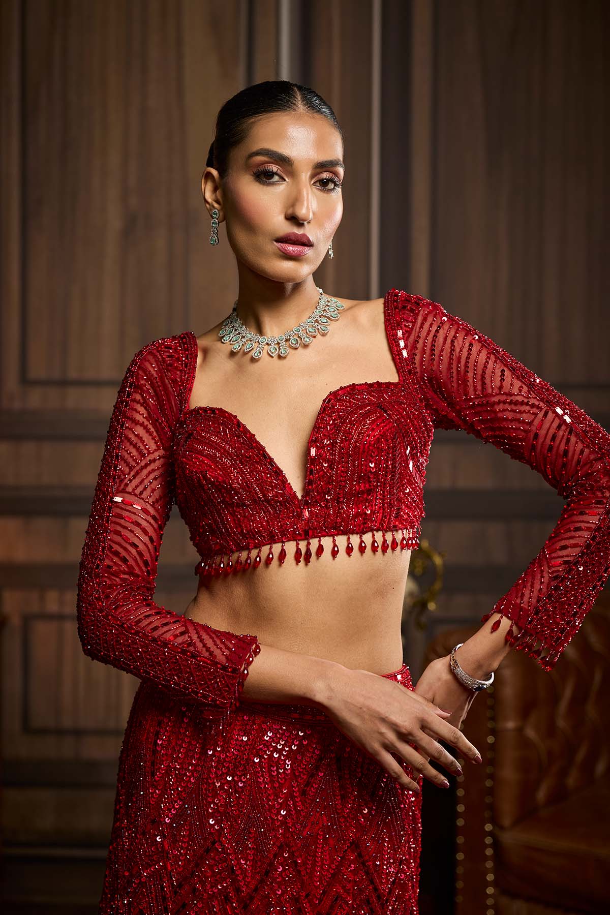 Vermellion Red Embroidered Mermaid Skirt Set