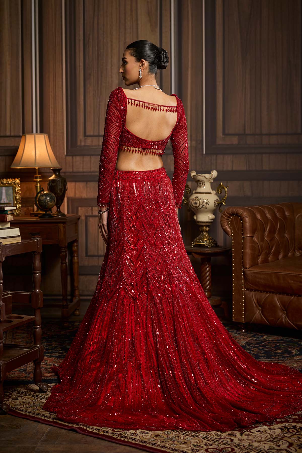 Vermellion Red Embroidered Mermaid Skirt Set