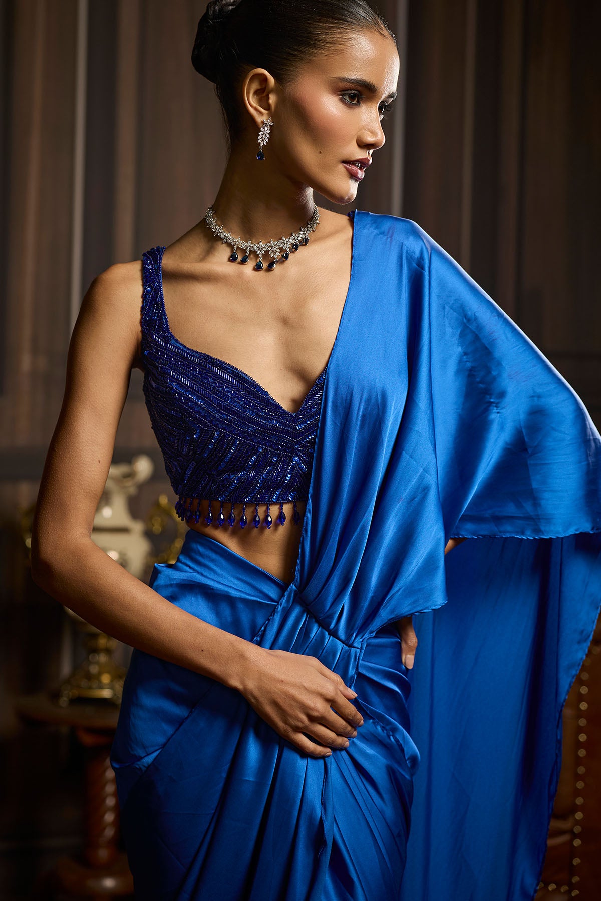Electric Blue Embellished Blouse And Pre-Draped Dhoti Saree Set