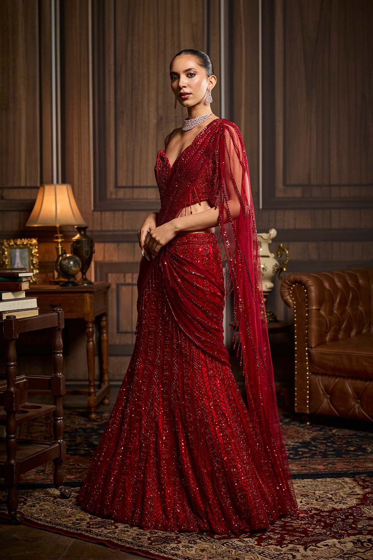 Vermellion Red Embellished Pre-Draped Skirt Saree Set