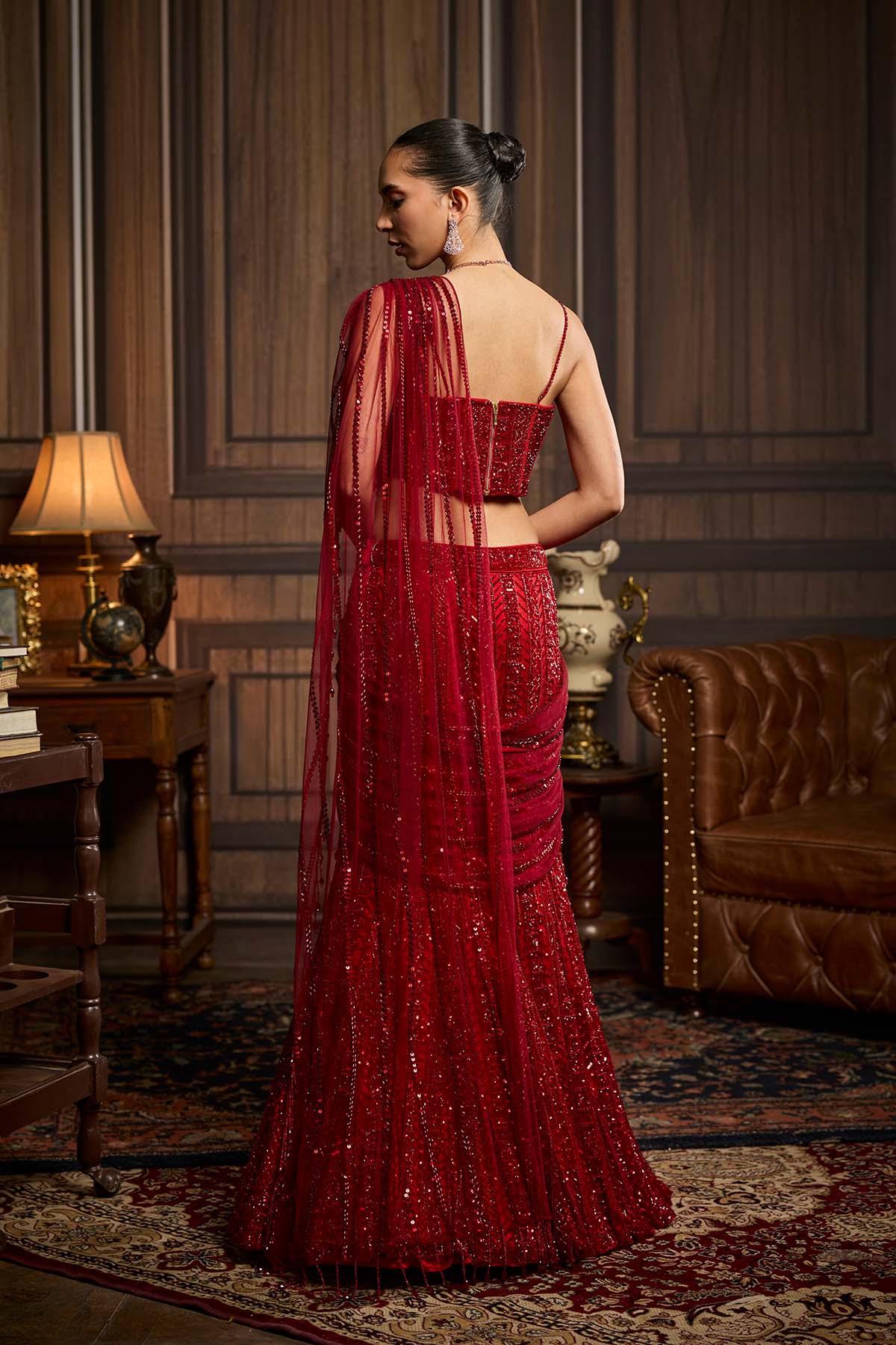 Vermellion Red Embellished Pre-Draped Skirt Saree Set
