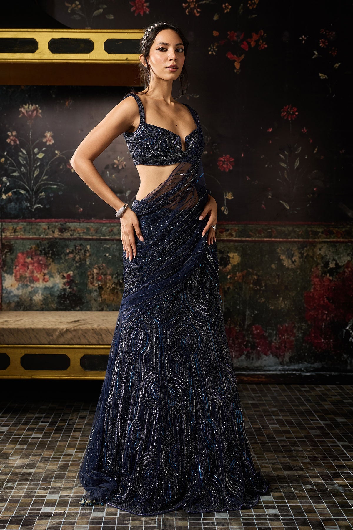 Midnight Blue Embellished Mermaid Skirt Saree Set