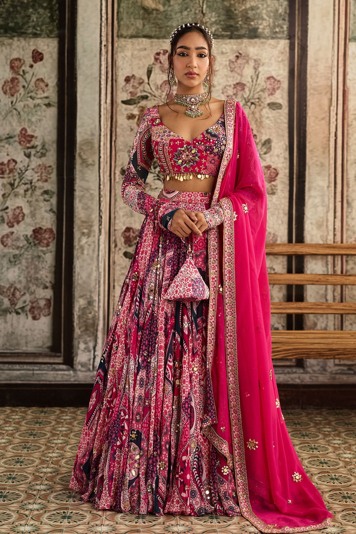 Fuschia Print And Highlighted Angrakha Blouse Lehenga Set