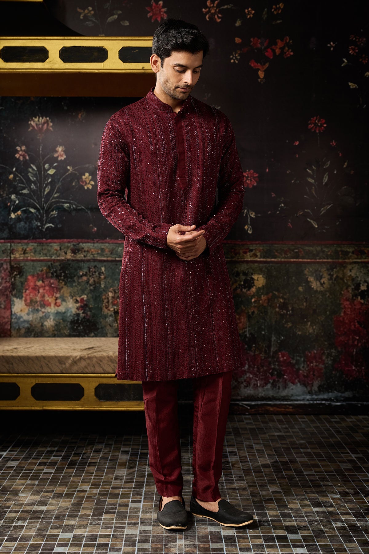 Maroon Heavy Embroidered Kurta & Pants