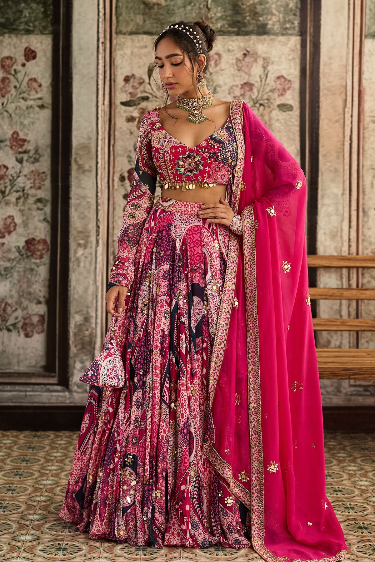 Fuschia Print And Highlighted Angrakha Blouse Lehenga Set