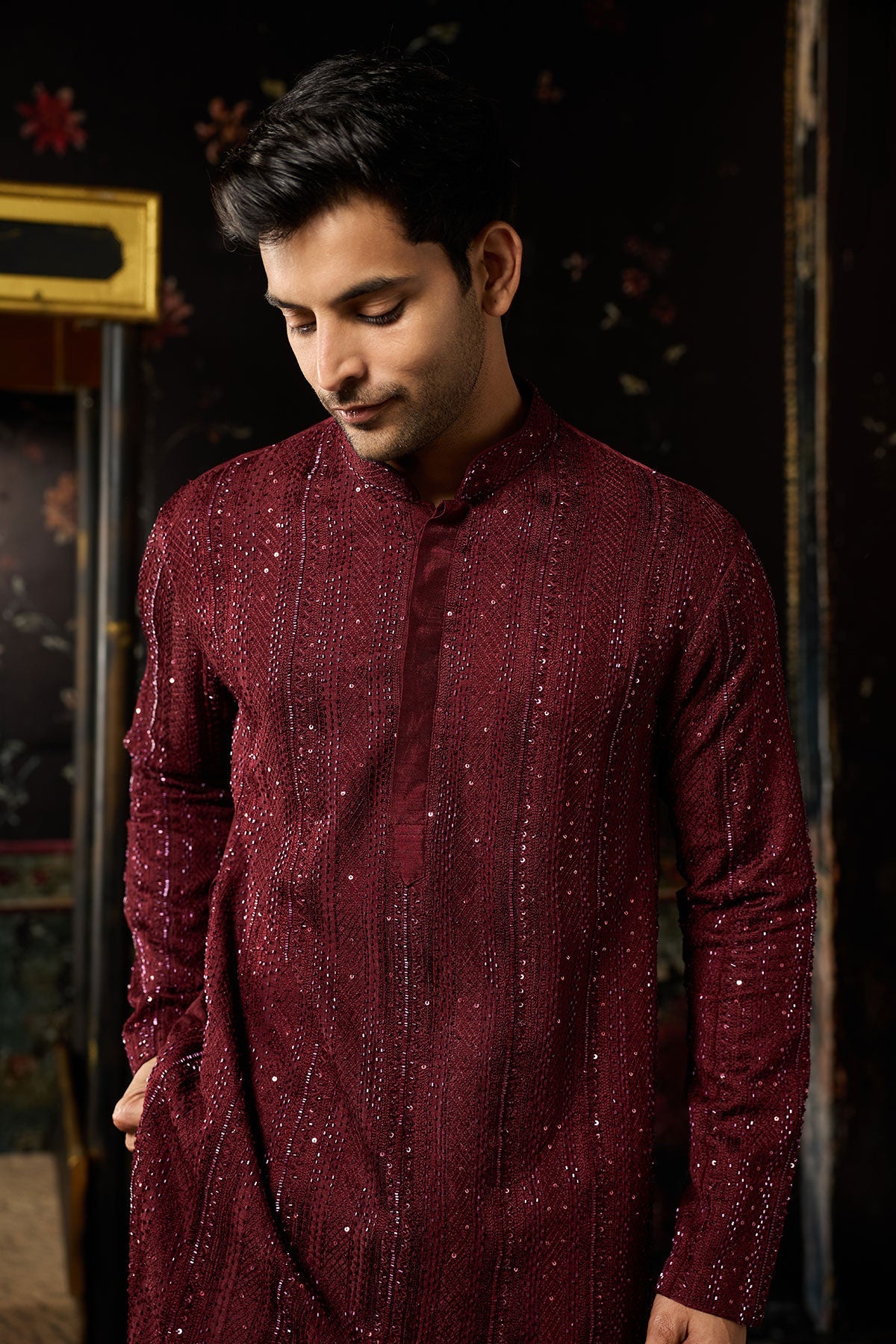 Maroon Heavy Embroidered Kurta & Pants