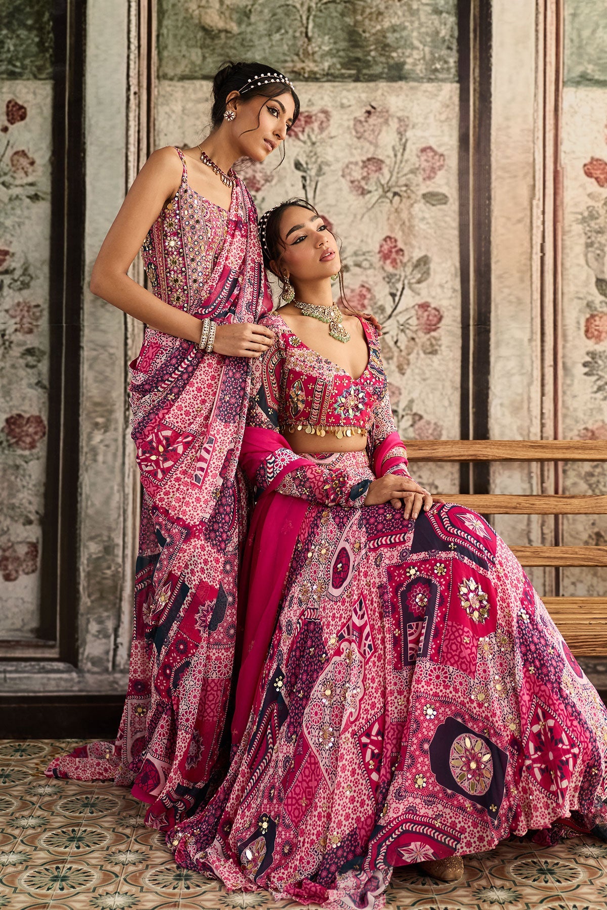Fuschia Print And Highlighted Angrakha Blouse Lehenga Set