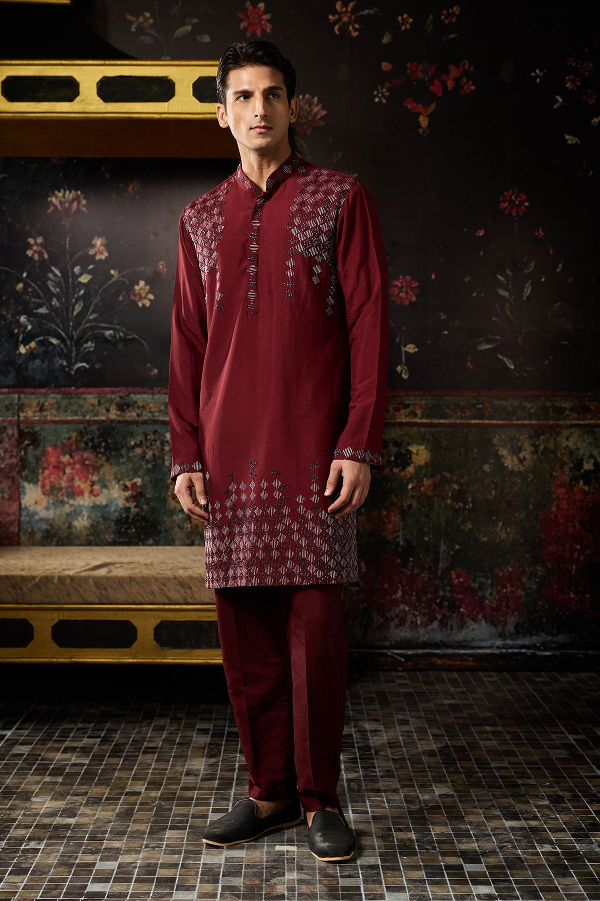 Maroon Embroidered Kurta & Pants