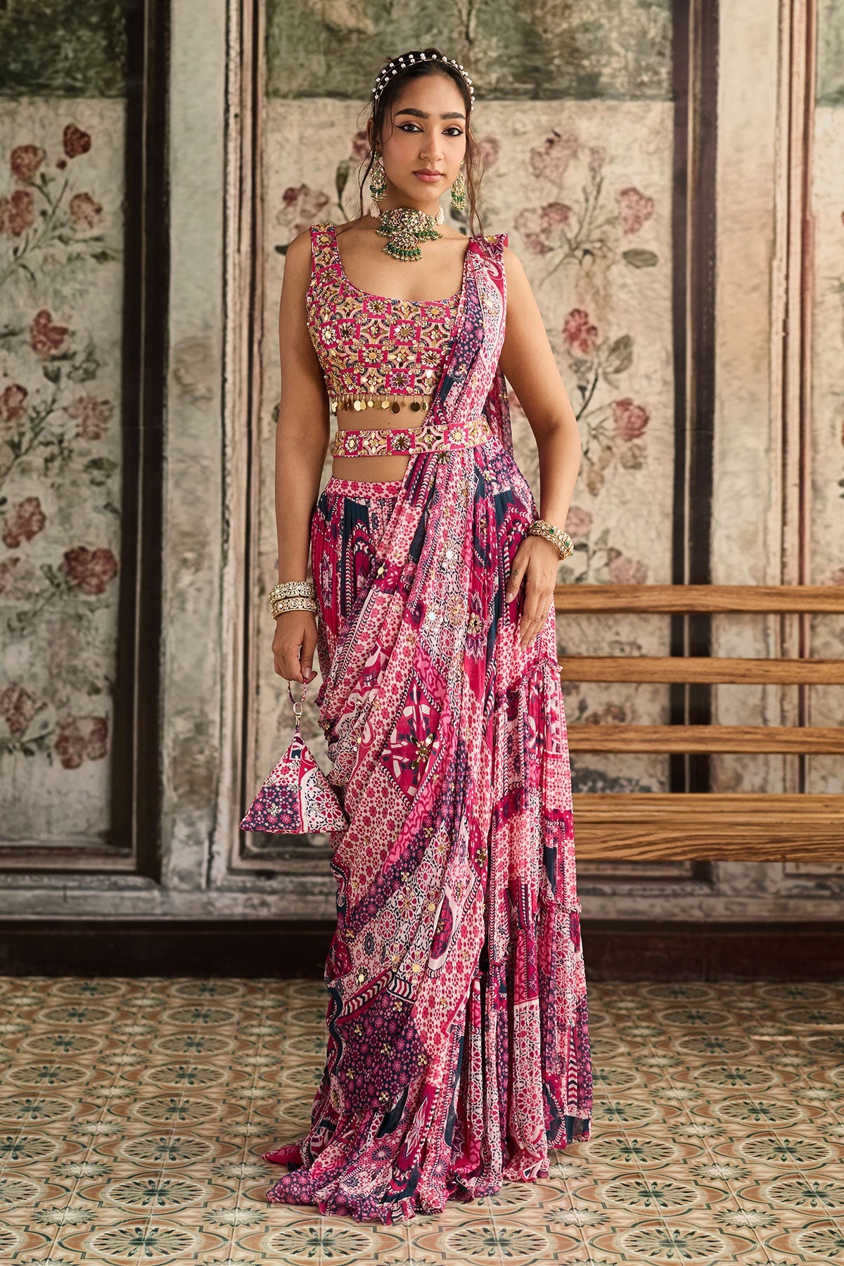 Fuschia Print And Highlighted Square Neck Blouse With Tiered Saree Set