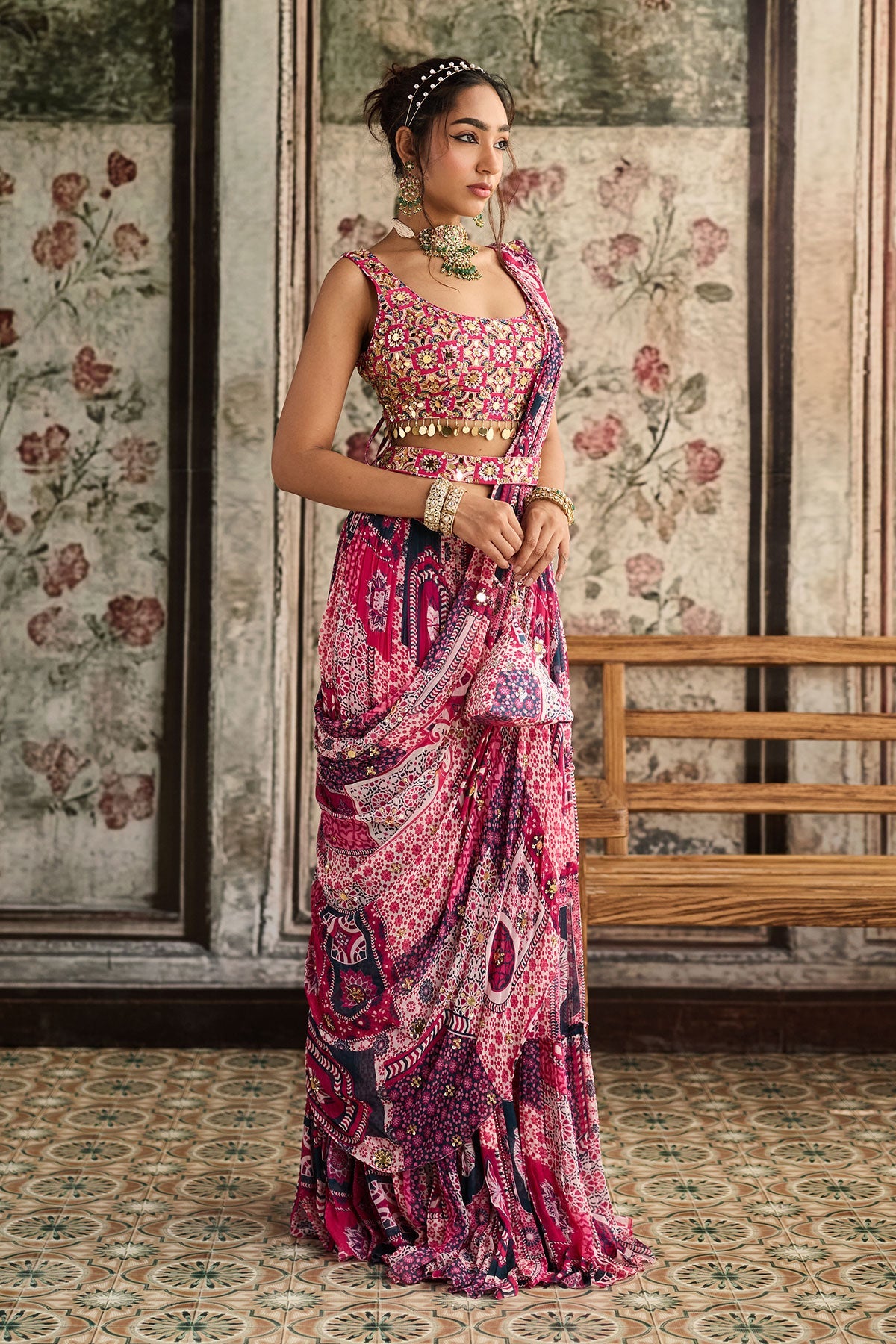 Fuschia Print And Highlighted Square Neck Blouse With Tiered Saree Set