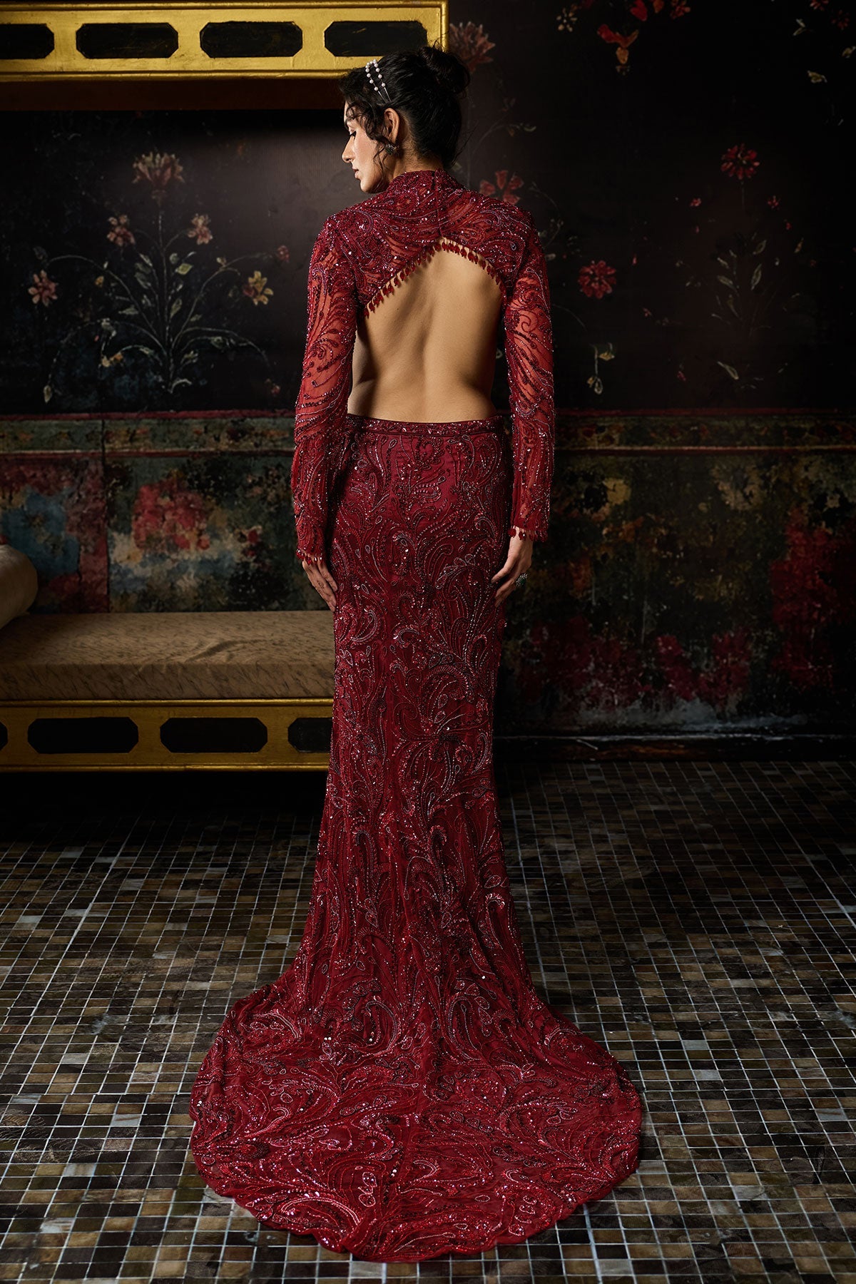 Maroon Embellished Trail Skirt Set