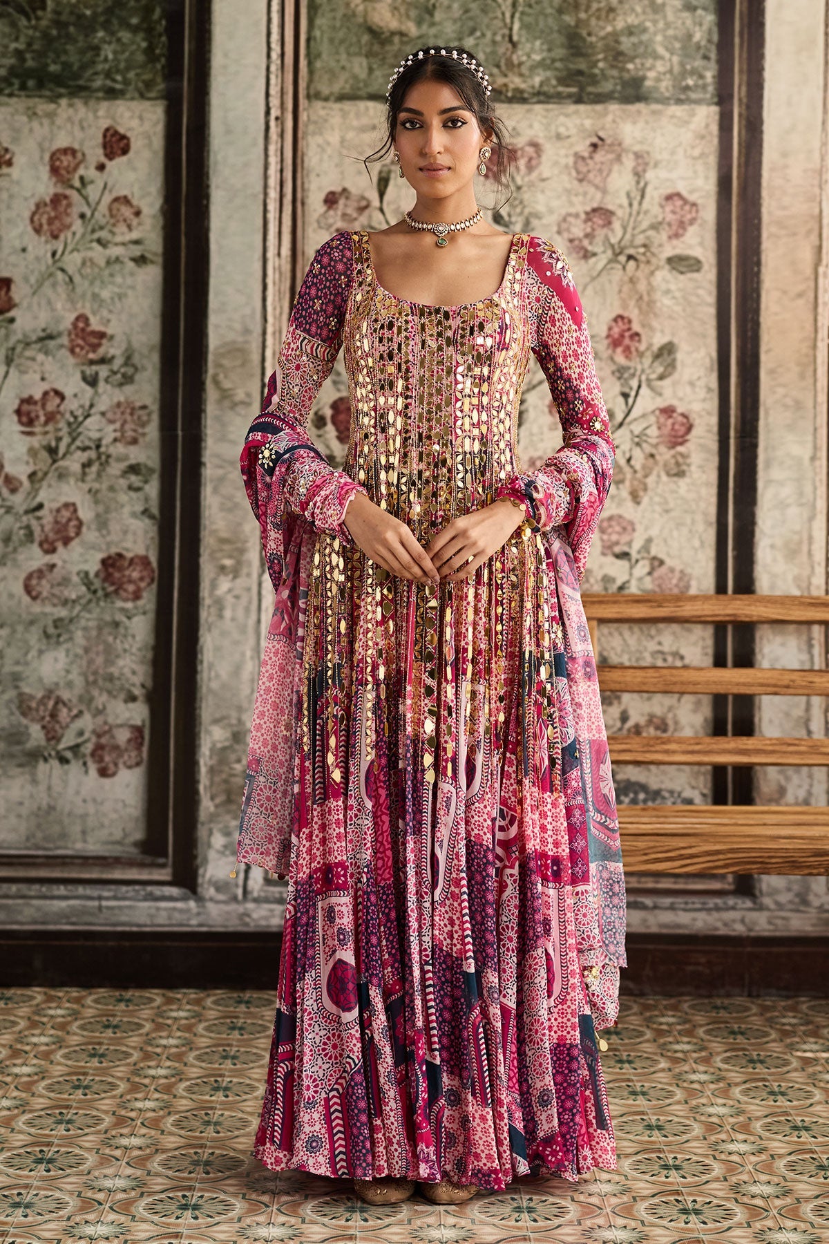 Fuschia Print And Highlighted Anarkali Set