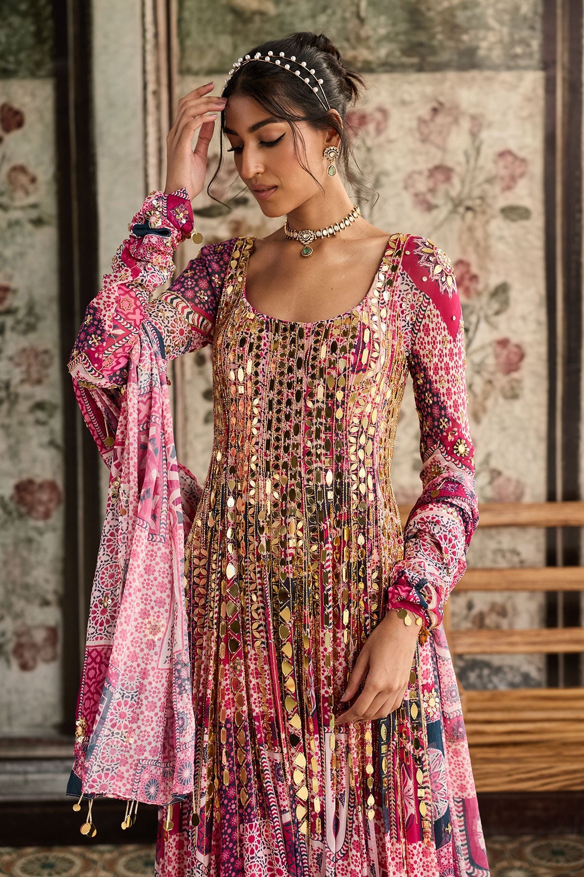 Fuschia Print And Highlighted Anarkali Set