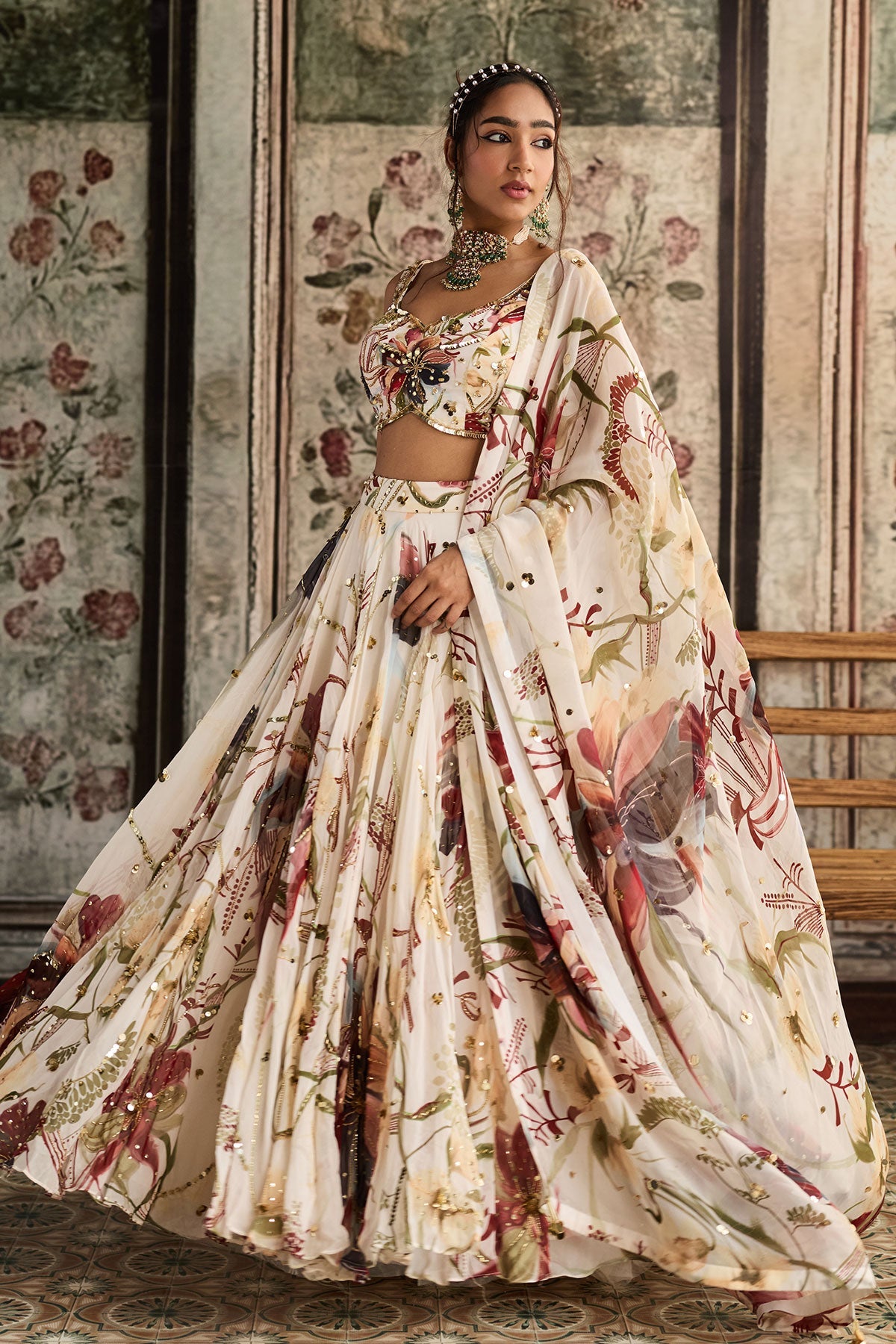 Ivory Floral Print And Highlighted Lehenga Set
