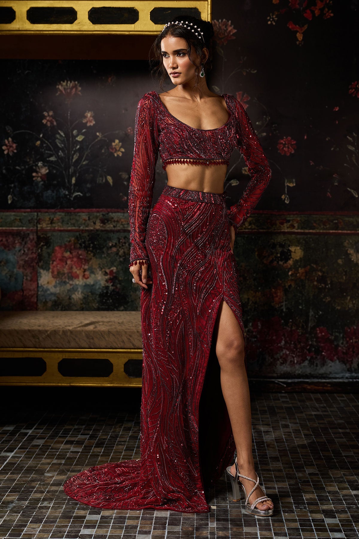Maroon Embellished Trail Slit Skirt Set 16
