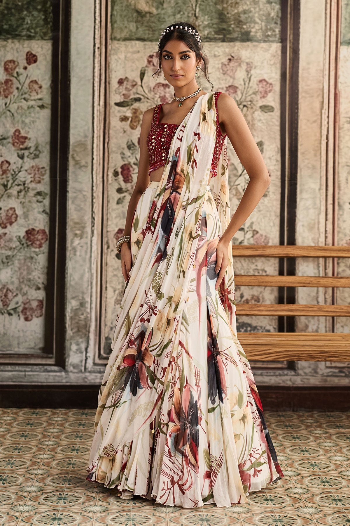 Ivory Floral Printed Mermaid Saree Set