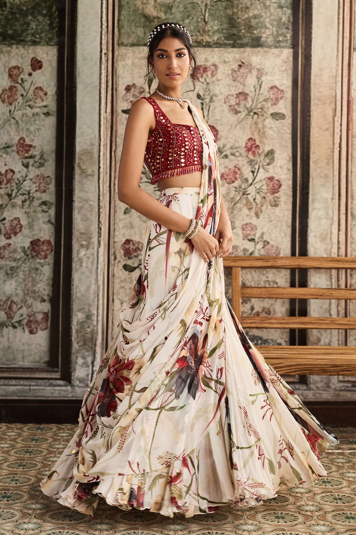 Ivory Floral Printed Mermaid Saree Set