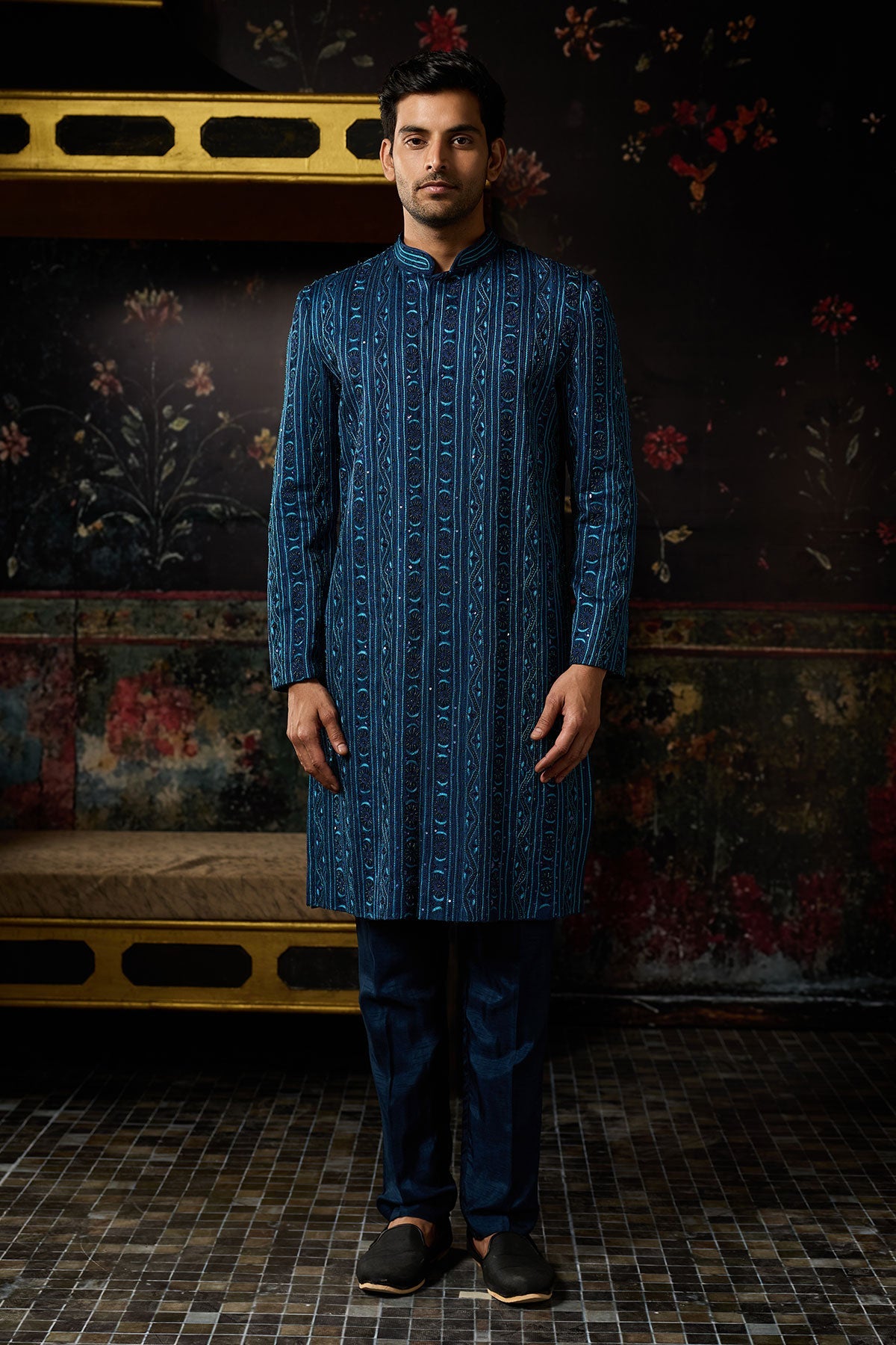 Blue Embroidered Jacket Set With Blue Pants