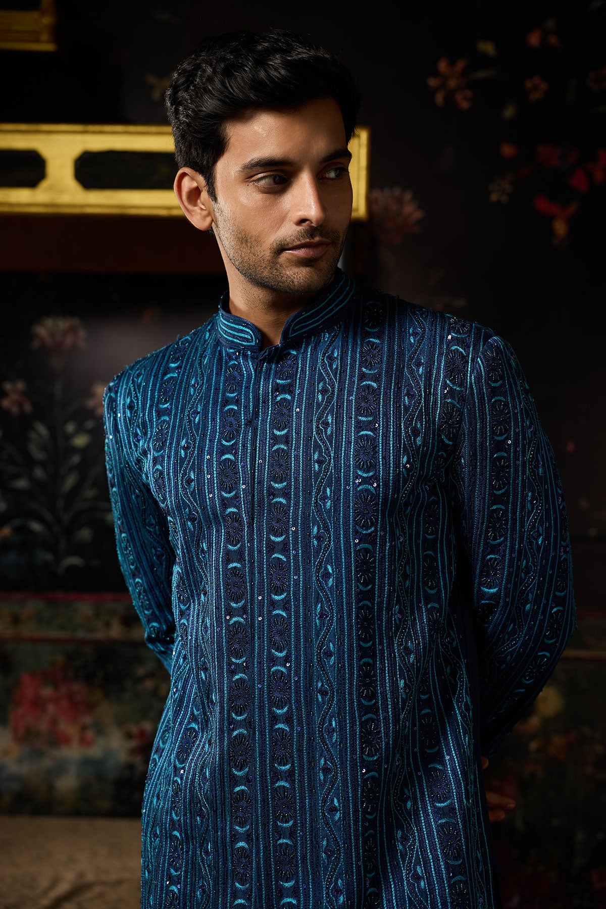 Blue Embroidered Jacket Set With Blue Pants