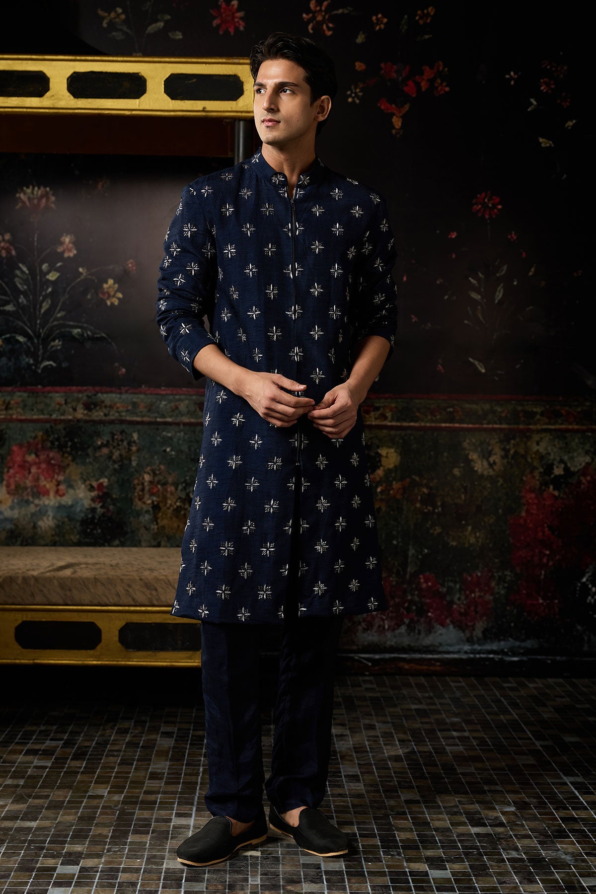 Blue Embroidered Jacket Set With Blue Pants