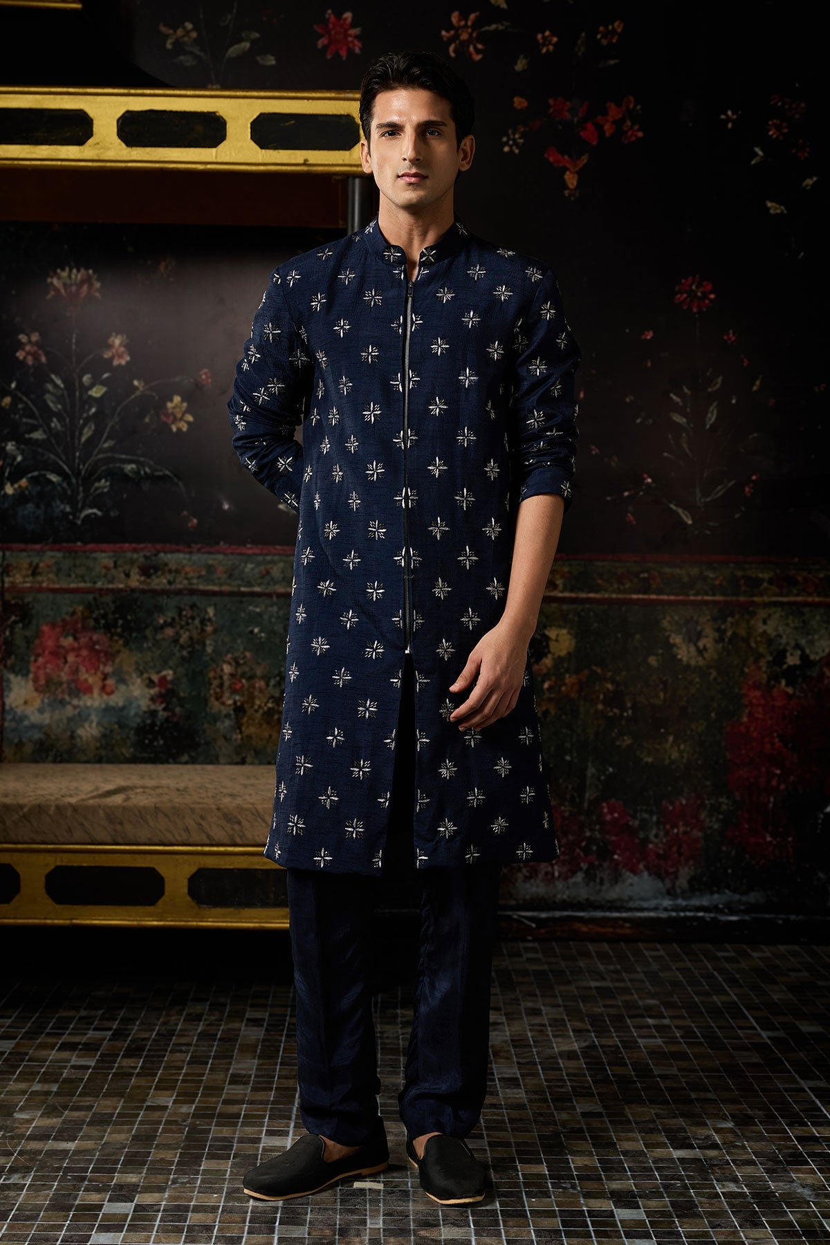 Blue Embroidered Jacket Set With Blue Pants