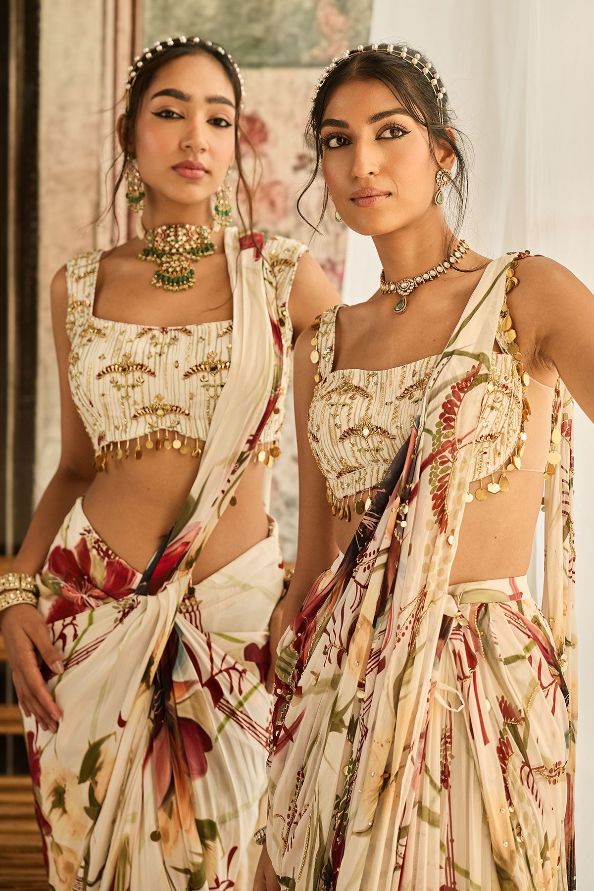 Ivory Floral Print And Highlighted Skirt Saree Set