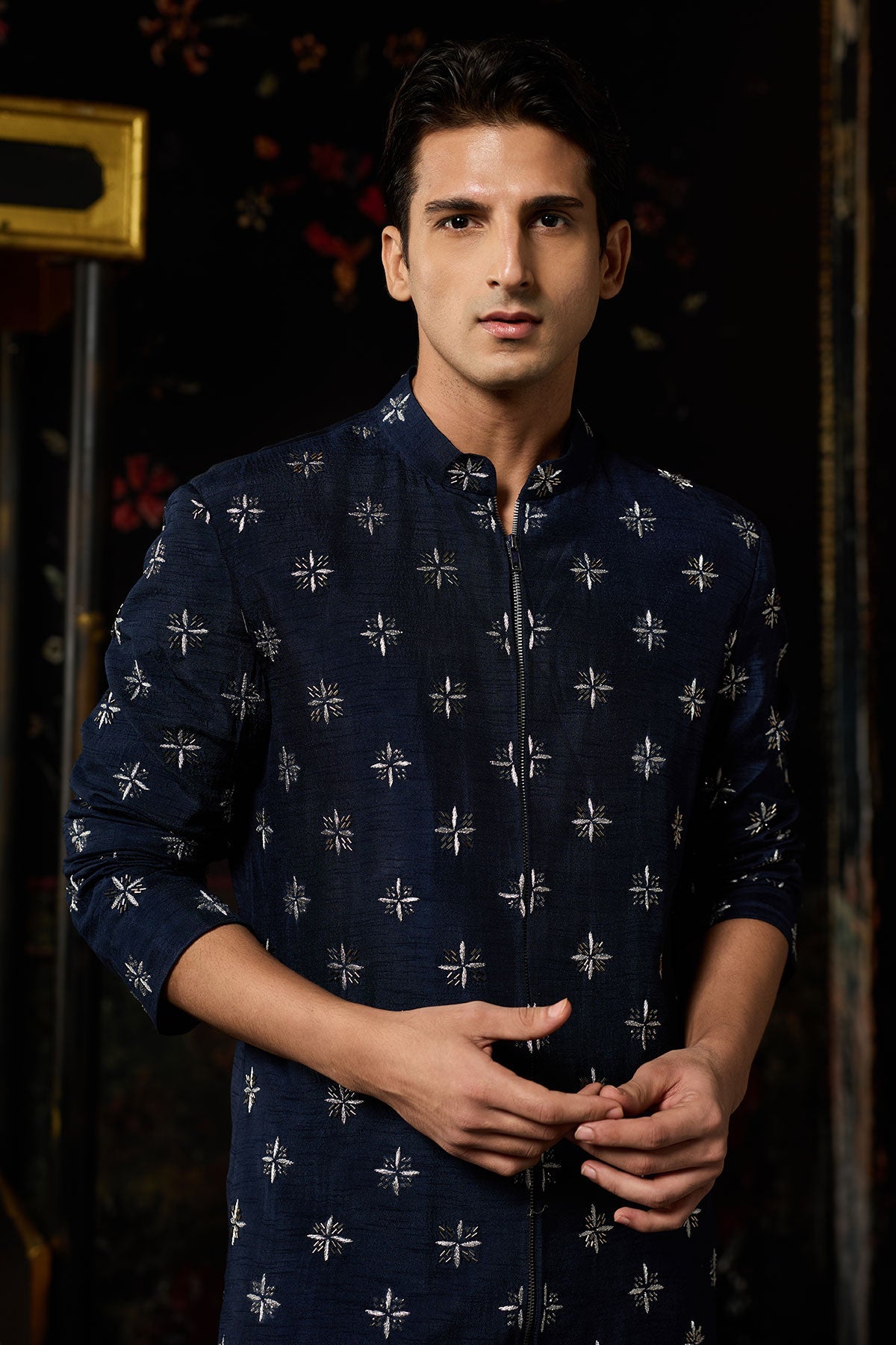 Blue Embroidered Jacket Set With Blue Pants